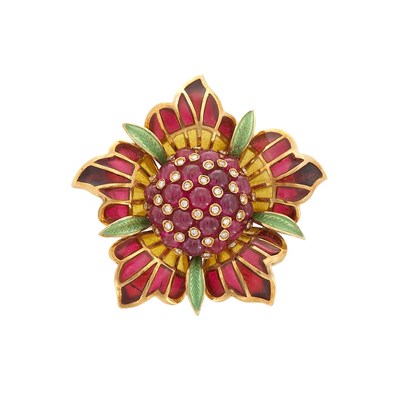 Lot 326 - Gold, Cabochon Ruby, Plique-a-Jour Enamel, Enamel and Diamond Flower Clip-Brooch