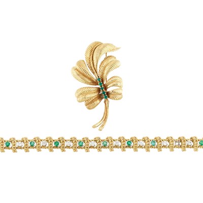 Lot 279 - Gold, Diamond and Emerald Bracelet and Gold and Dyed Green Chalcedony Leaf Pin