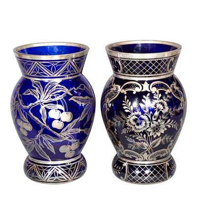 Lot 526 - Pair of Silvered Cobalt Blue Glass Vases...