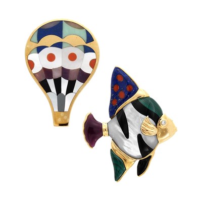 Lot 133 - Two Gold, Mother-of-Pearl and Hardstone Balloon and Fish Pins
