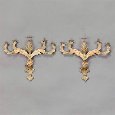 Lot 416 - Set of Four Tole Foliate-Form Five-Light...