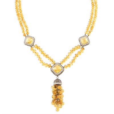 Lot 508 - Double Strand Citrine Bead, Cabochon Citrine, Diamond and Brown Diamond Fringe Necklace