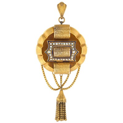 Lot 80 - Antique Gold, Split Pearl and Blue Enamel Swag Tassel Pendant-Brooch