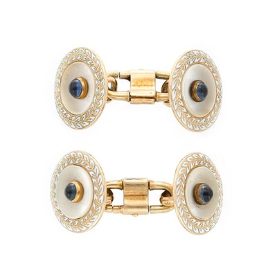 Lot 216 - Pair of Gold, Mother-of-Pearl, Cabochon Sapphire and White Enamel Cufflinks