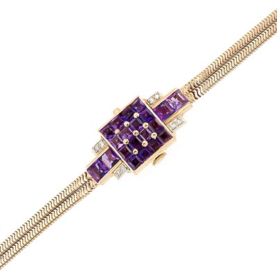 Lot 257 - Retro Double Strand Rose Gold, Amethyst and Diamond Snake Chain Bracelet-Watch