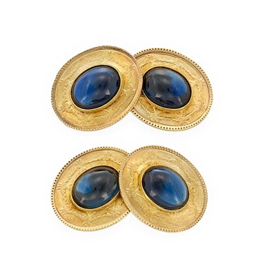 Lot 237 - Pair of Belle Epoque Gold and Cabochon Sapphire Cufflinks