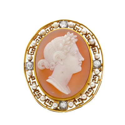 Lot 83 - Antique Gold, Platinum, Hardstone Cameo, Seed Pearl and Diamond Pendant-Brooch