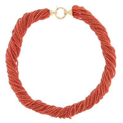 Lot 943 - Multistrand Coral Bead Torsade Necklace with Gold Clasp