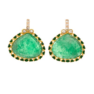 Lot 370 - Pair of Indian Gold, Carved Emerald, Foiled-Back Diamond and Enamel Earrings