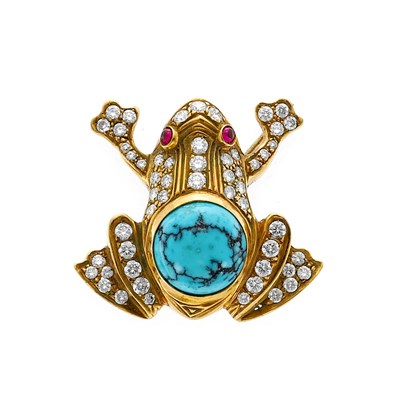 Lot 334 - Gold, Turquoise, Diamond and Cabochon Ruby Frog Pin
