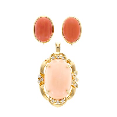 Lot 375 - Gold, Coral and Diamond Pendant and Pair of Coral Earclips