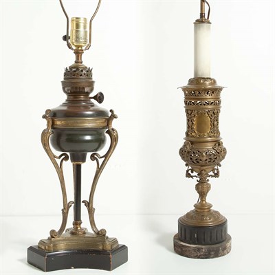 Lot 156 - Two Brass Oil Lamps Electrified. Height of...