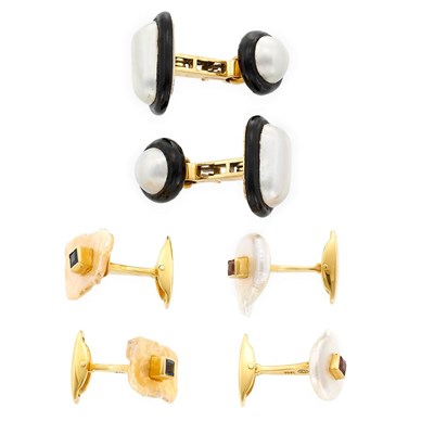 Lot 609 - Three Pairs of Gold, Freshwater and Mabe Pearl, Black Enamel and Gem-Set Cufflinks