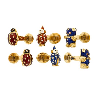 Lot 618 - Three Pairs of Gold and Enamel Cufflinks, Hidalgo