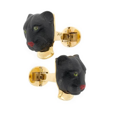Lot 599 - Pair of Black Onyx, Jasper and Glass Panther Head Cufflinks