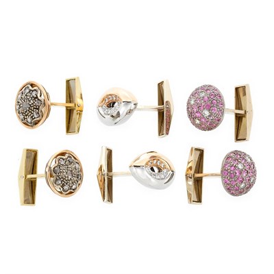 Lot 698 - Three Pairs of Tricolor Gold, Diamond and Pink Sapphire Cufflinks