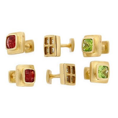 Lot 741 - Three Pairs of Gold, Peridot, Garnet and Colorless Stone Cufflinks