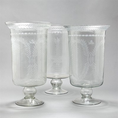 Lot 409 - Two Pairs of Etched Glass Hurricane Lamps...