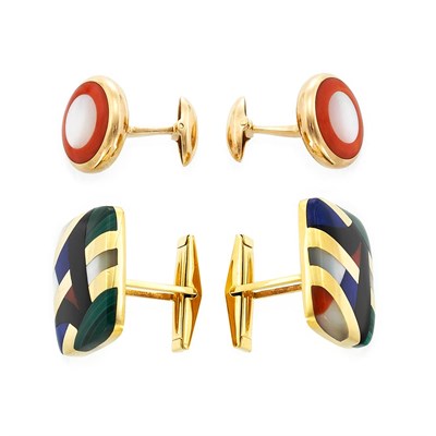 Lot 137 - Pair of Gold, Mother-of-Pearl and Coral Cufflinks and Pair of Mother-of-Pearl and Hardstone Cufflinks