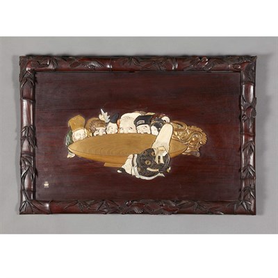 Lot 114 - Japanese Inlaid and Carved Hardwood Panel...