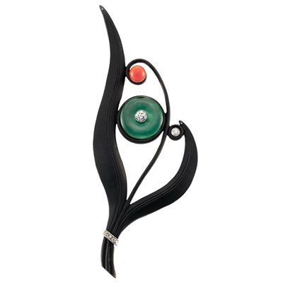 Lot 581 - Oxidized Steel, White Gold, Jade, Coral and Diamond Leaf Brooch