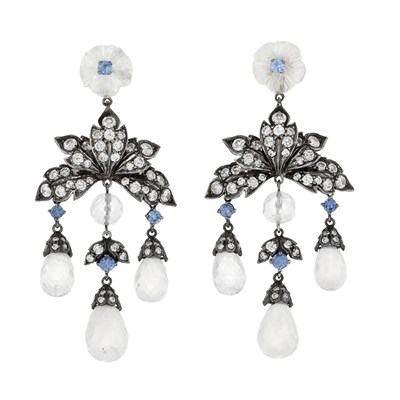 Lot 827 - Pair of Blackened Gold, Diamond, Tanzanite, Carved Moonstone and Moonstone Briolette Pendant-Earrings, Fred Leighton