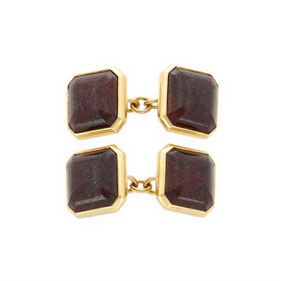Lot 648 - Pair of Gold and Red and Black Hardstone Cufflinks, Bulgari