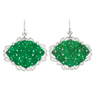 Lot 834 - Pair of White Gold, Carved Jade and Diamond Pendant-Earrings