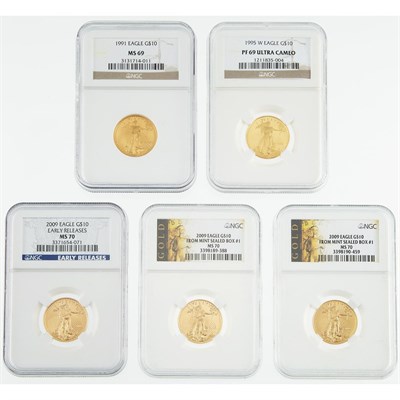 Lot 225 - United States Five $10 American Gold Eagles