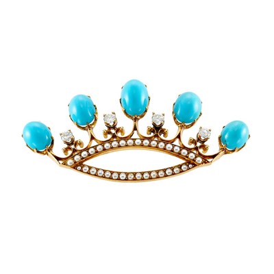 Lot 389 - Gold, Turquoise, Diamond and Split Pearl Crown Brooch, Black, Starr & Frost