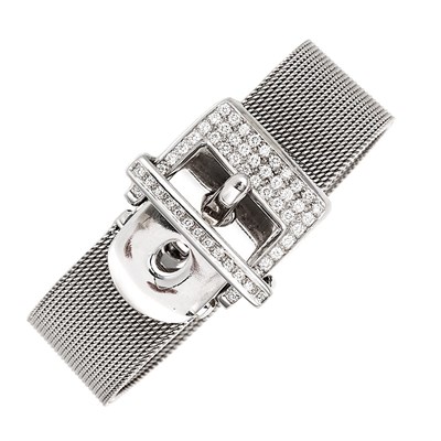 Lot 182 - White Gold and Diamond Mesh Buckle Bracelet