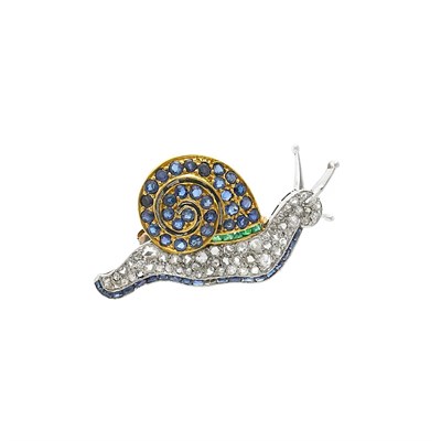 Lot 232 - Art Deco Platinum, Gold, Diamond, Sapphire and Emerald Snail Pin, Charlton