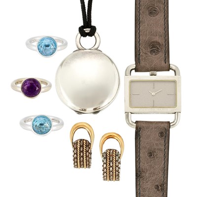 Lot 699 - Group of Stainless Steel, Silver and Gold Jewelry, Hermes, and Three White Gold and Gem-Set Rings, Garrard