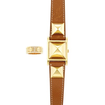 Lot 62 - Gilt Metal Bracelet-Watch and Gold and Diamond Band Ring, Hermes