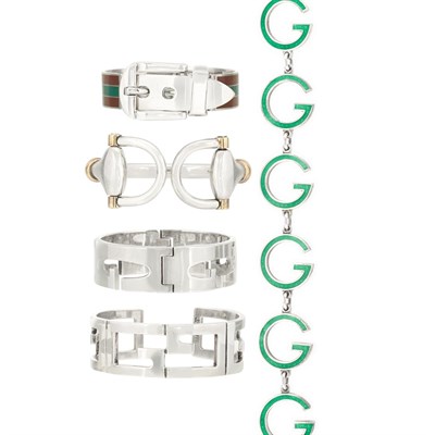 Lot 180 - Five Sterling Silver and Enamel Bangle Bracelets and Bracelets, Gucci