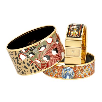 Lot 780 - Two Gilt Metal and Enamel Bangle Bracelets and Bangle-Watch, Hermes, Paris