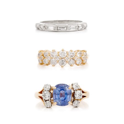 Lot 815 - Platinum and Diamond Half-Around Guard Ring and Two Gold, Sapphire and Diamond Rings