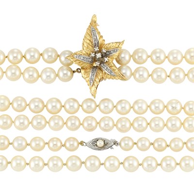 Lot 386 - Double-Strand Cultured Pearl Necklace with Gold and Diamond Brooch/Clasp and Single Strand Cultured Pearl Necklace