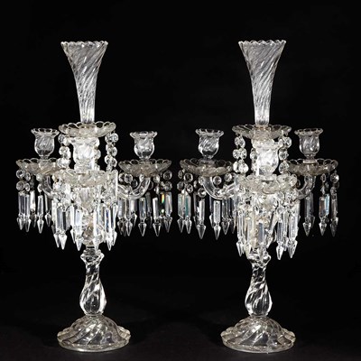Lot 496 - Pair of Molded Glass Three-Light Candelabra...