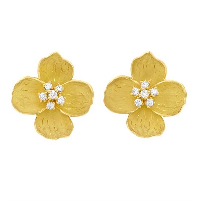 Lot 789 - Pair of Gold and Diamond 'Dogwood' Flower Earclips, Tiffany & Co.