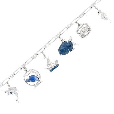 Lot 233 - Art Deco Platinum, Diamond and Carved Sapphire Charm Bracelet