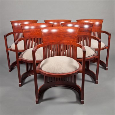 Lot 147 - Set of Six Fruitwood Barrel Dining Chairs...