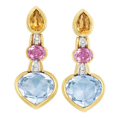 Lot 794 - Pair of Gold, Citrine, Synthetic Pink Sapphire, Synthetic Blue Spinel and Diamond Pendant-Earrings