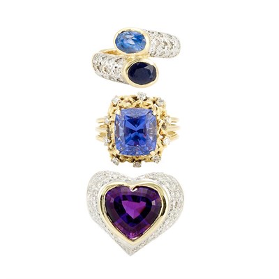 Lot 59 - Three Yellow & White Gold, Gem-Set and Diamond Rings