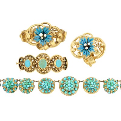 Lot 390 - Antique Gold, Turquoise Enamel and Freshwater Pearl Bangle and Brooch, Gold and Turquoise Bangle and Low Karat Gold Necklace