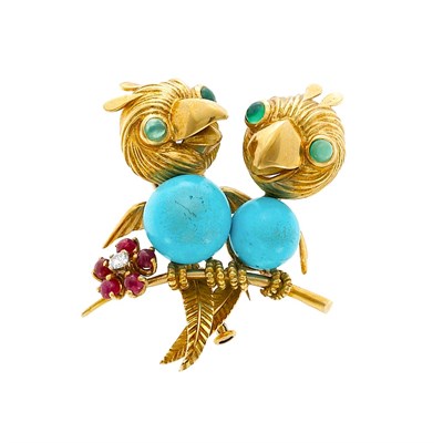Lot 769 - Gold, Turquoise, Cabochon Ruby and Diamond Love Bird Clip-Brooch, France