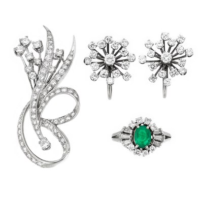 Lot 702 - Pair of White Gold and Diamond Earclips and Brooch and Platinum, Emerald and Diamond Ring