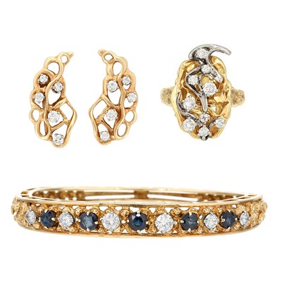 Lot 286 - Gold, Diamond and Sapphire Bangle Bracelet and Gold and Diamond Ring and Pair of Earclips