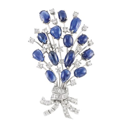 Lot 997 - Platinum, Cabochon Sapphire and Diamond Bouquet Clip-Brooch