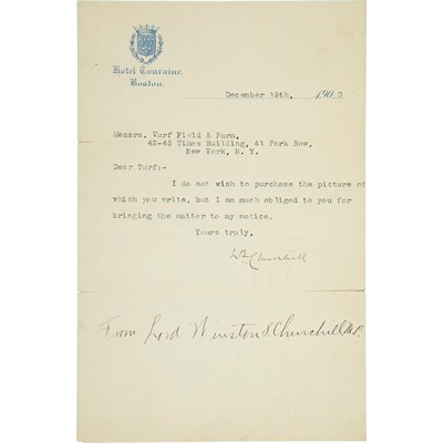 Lot 220 - CHURCHILL, WINSTON Typed letter signed. Boston:...